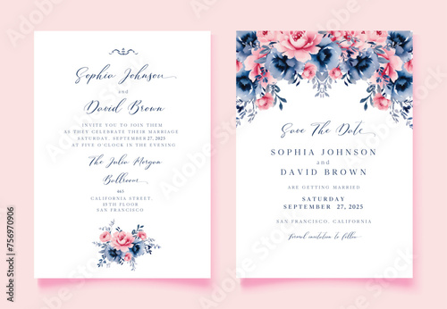Vintage Floral Wedding Invitation  Save The Date   blue antique wedding with Watercolor flowers.