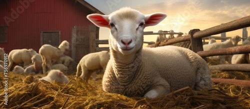 A terrestrial animal from the cowgoat family is peacefully lying in a pile of hay in a pasture on a farm, surrounded by grazing goats and cows, under a cloudy sky photo