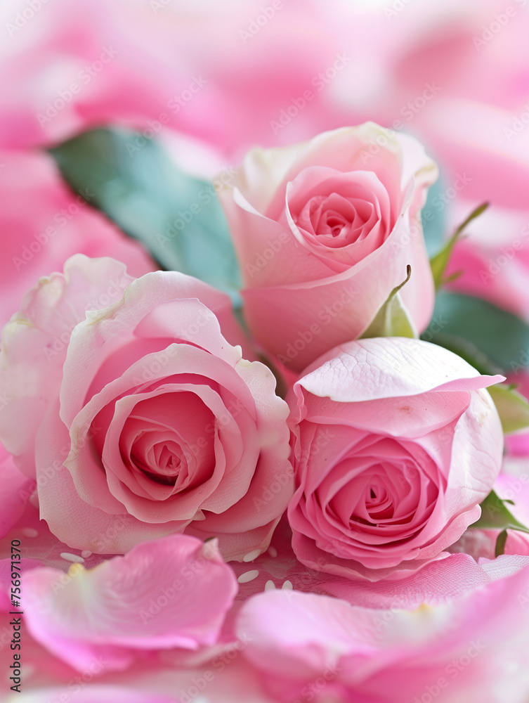Drei rosa Rosen liegen übereinander vielleicht auf einer Hochzeit