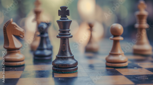 Ein Schachbrett auf dem verschiedene Figuren zu sehen sind und im Zentrum ein schwarzer König