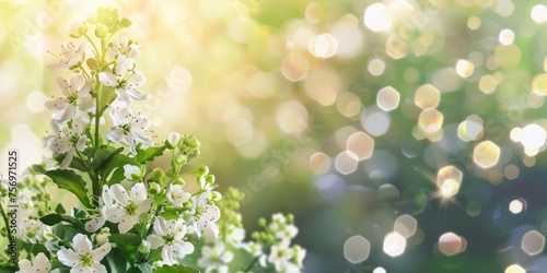 White flowering blossoms presented in soft focus against a bokeh light-filled green background.