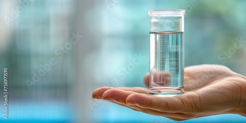 A person's palm carefully holds a transparent glass cylinder filled with clear water, symbolizing purity and research.