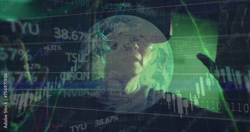 Image of data over asian male it engineer with vr headset by computer server Image of data over asian male it engineer with vr headset by computer server