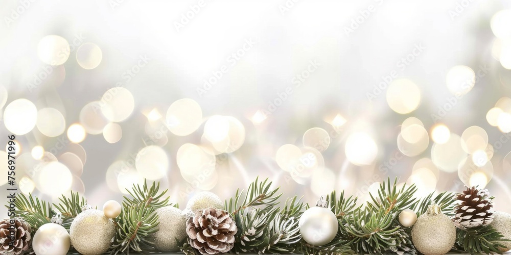Fototapeta premium Festive holiday border with pine branches, cones, and Christmas ornaments, set against a backdrop of golden bokeh lights.
