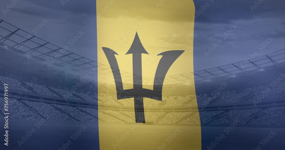Obraz premium Image of waving flag of barbados over sport stadium