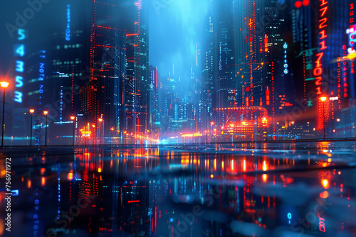Futuristic cityscape with neon lights and digital elements