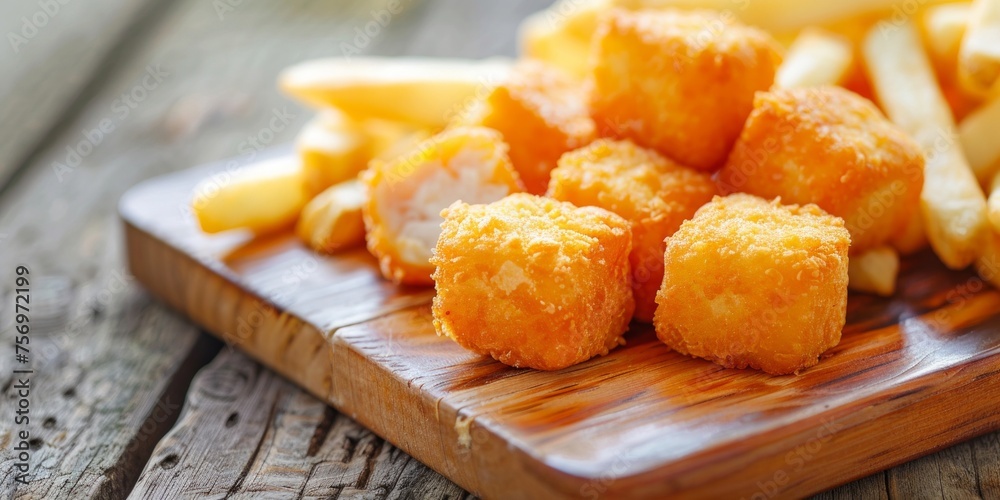 Golden crispy cheese balls served alongside french fries on a wooden board. Golden crispy cheese balls served alongside french fries on a wooden board.