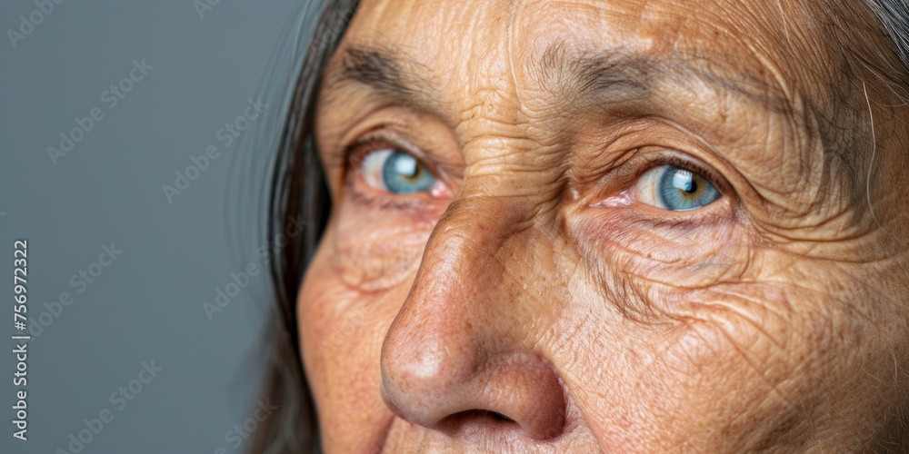 Intimate portrait capturing the wisdom and stories in an elderly woman's gaze. Intimate portrait capturing the wisdom and stories in an elderly woman's gaze.