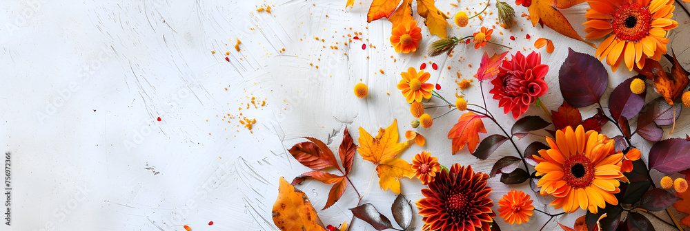 Autumn Composition Made of Beautiful Flowers on Light Background, Seasonal Floral Arrangement for Nature-themed Designs, Generative AI

