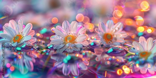 Colorful daisies glistening with water droplets amidst sparkling bokeh lights.