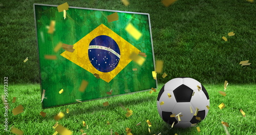 Image of confetti and flag of brazil over football and stadium