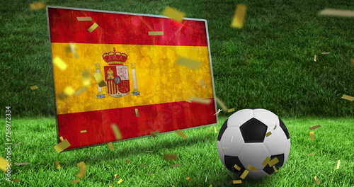 Image of falling gold confetti and football ball over flag of spain