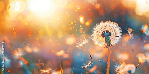 Ethereal dandelion silhouette with floating seeds in golden hour light.