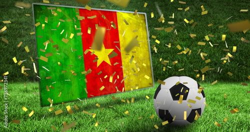 Image of falling golden confetti over football ball and cameroon flag