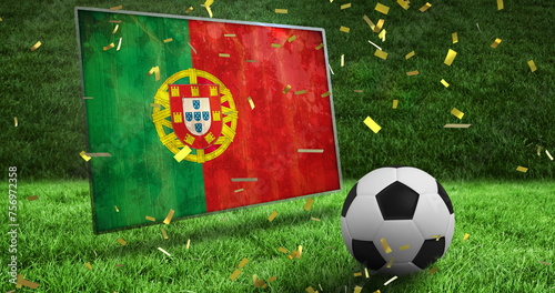 Image of falling gold confetti and football ball over flag of portugal