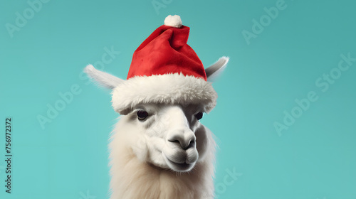Artistic animal concept. with a place for text. Llama wearing Christmas santa claus hat © Oleksandr