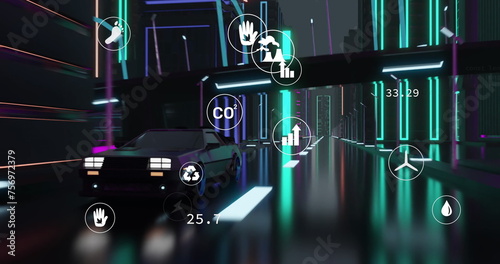 Image of digital interface with icons over car driving