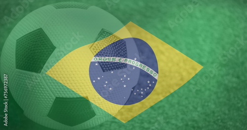 Image of flag of brazil and football over stadium
