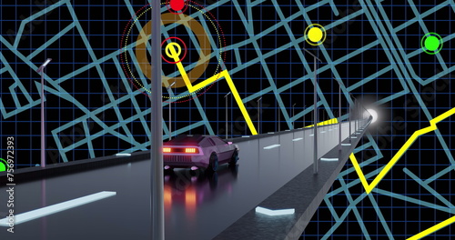 Image of digital interface with map over car driving
