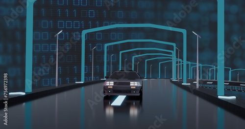 Image of digital interface with binary coding over car driving