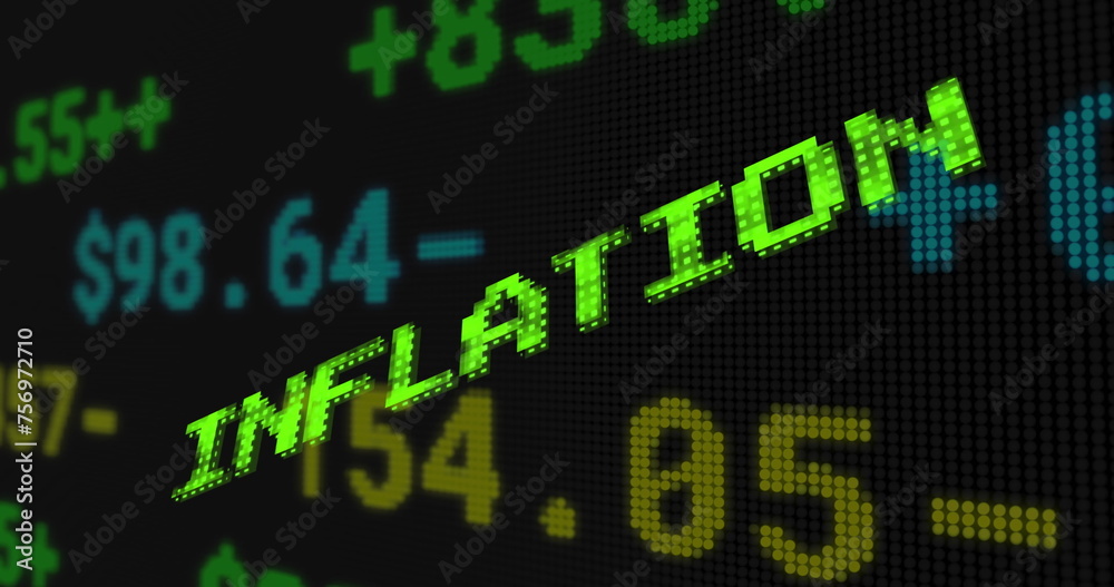 Image of inflation text in green over financial data processing Image of inflation text in green over financial data processing