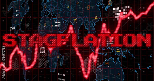 Image of stagflation text in red over graph and world map processing data