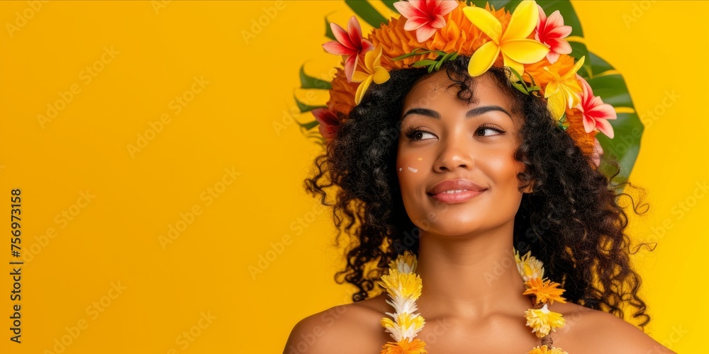 Portrait of a beautiful stylish woman with hawaiian costume. Summer fashionable trend style, Cheerful and happy young model having fun on yellow background
