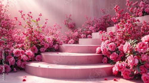 Stone pedestal wall with pink flowers modern background for Product display design, minimal mockup