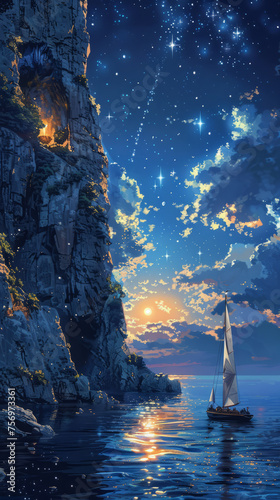 Lonely sailing boat sailing under the moonlight