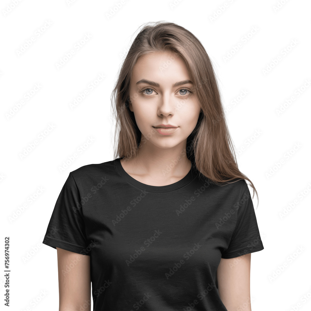 portrait of a young woman with long hair wearing black t-shirt isolated on transparent background portrait of a young woman with long hair wearing black t-shirt isolated on transparent background