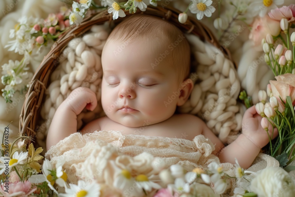 Professional Photography of a sleeping newborn cradled in a basket, Generative AI