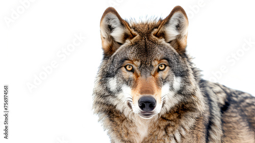 A Grey Wolf (Canis lupus) with Copy Space Isolated on White Background, Majestic Wildlife Portrait for Nature Concept, Generative AI   © Muskan