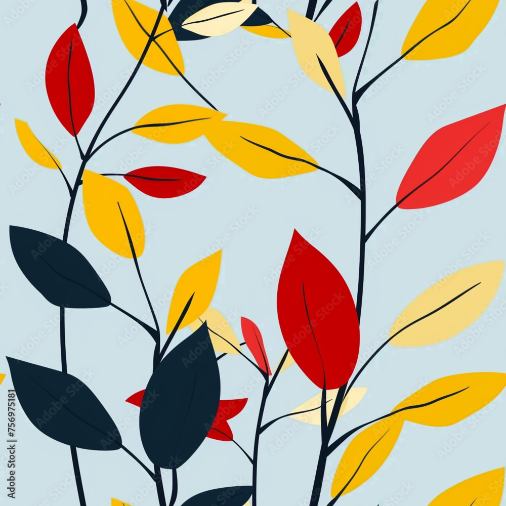 Seamless pattern of yellow and red leaves on pale blue background. Abstract autumn design for print