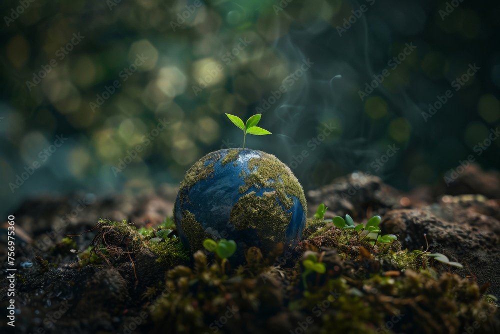 render of earth with moss and plants on dark background render of earth with moss and plants on dark background