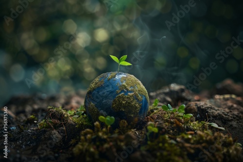 render of earth with moss and plants on dark background