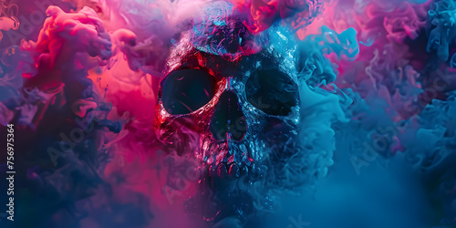 Skull on the background of dust paints smoke happy holi indian concept 