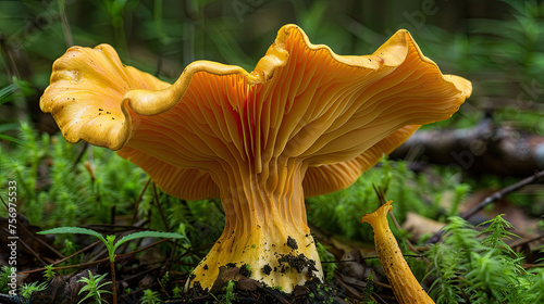 Chanterelle mushroom stands out in the forest undergrowth, its rich texture and shape captured in stunning detail by macro photography.
