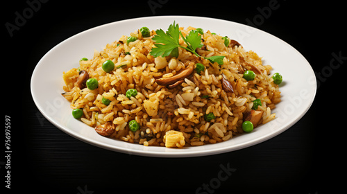 Cooked pilaf on a white dish on a white background.