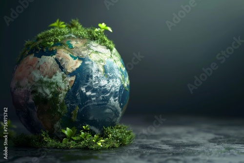 render of earth with moss and plants on dark background