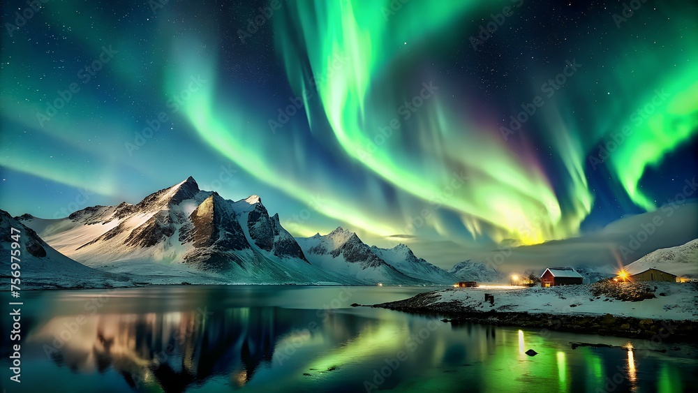 Aurora borealis. northern lights over mountains