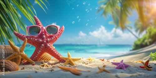Stylish starfish hawaiian style on tropical sea and beach blurred background. Summer festive time, Happy vacation