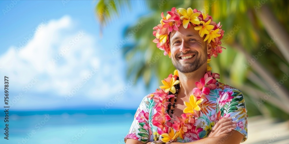 Fototapeta premium Portrait of a stylish man with hawaiian costume. Summer fashionable trend style, Cheerful and happy young male having fun on tropical sea and beach background