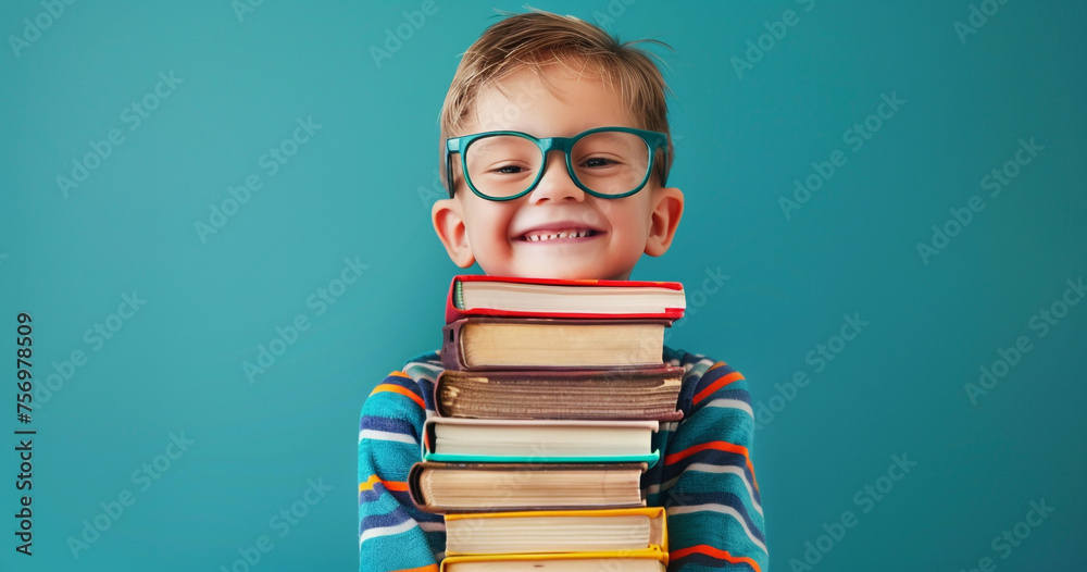 A young boy wearing oversized glasses, attempting to balance a stack of books taller than himself, with a mischievous grin on teal color background professional photography A young boy wearing oversized glasses, attempting to balance a stack of books taller than himself, with a mischievous grin on teal color background professional photography