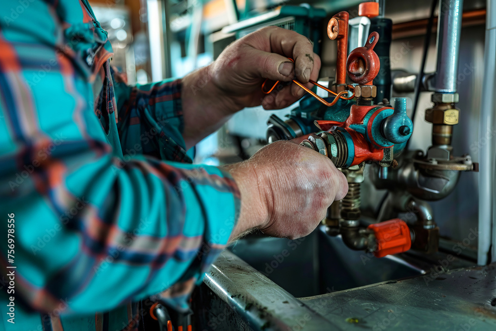 Focused Craftsman Adjusting Industrial Valves, Detailed Shot of Experienced Hands at Work