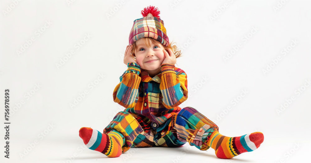 A young child dressed in a mismatched outfit, wearing socks on their hands and mittens on their feet, proudly modeling their unique fashion choices on white background professional photography