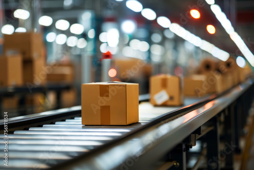 Conveyor belt in a warehouse moving cardboard packages efficiently within a distribution center