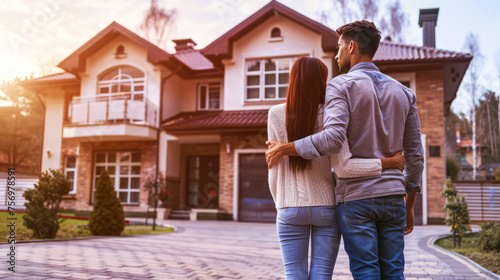 Couple embracing while admiring their new home during sunset, envisioning a future together