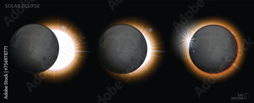 Moon Eclipse phases viewed from outer space. 3D Illustration