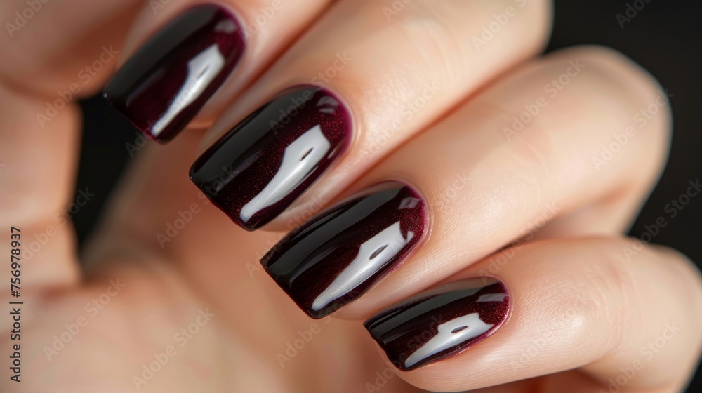 High-shine, deep burgundy gel nail polish on well-groomed hands, reflecting professionalism. High-shine, deep burgundy gel nail polish on well-groomed hands, reflecting professionalism.