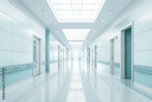 An empty hospital hallway with view of interior of the clinic in serene setting AI Generative © ungvar
